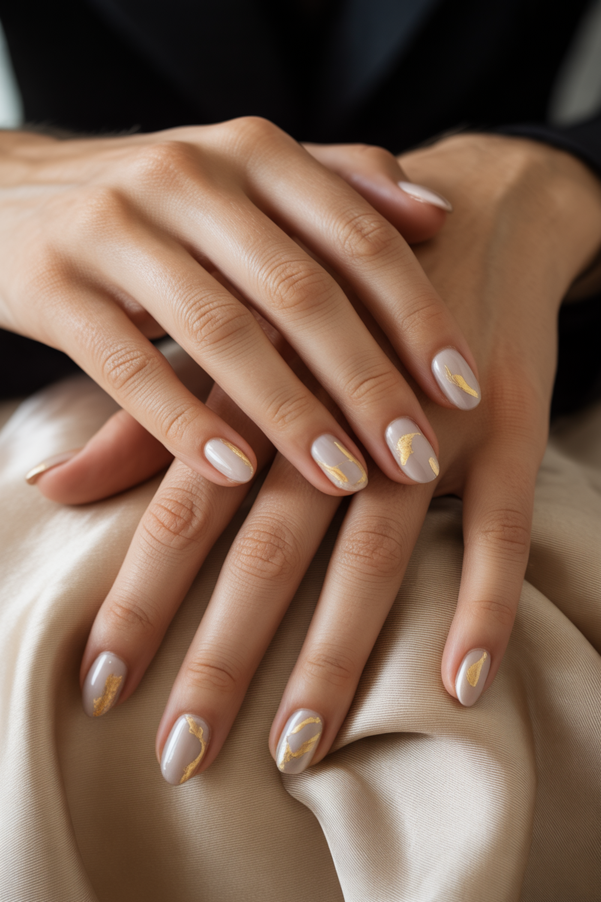 Champagne Gold Nails With Matte Gold Leaf Detailing
