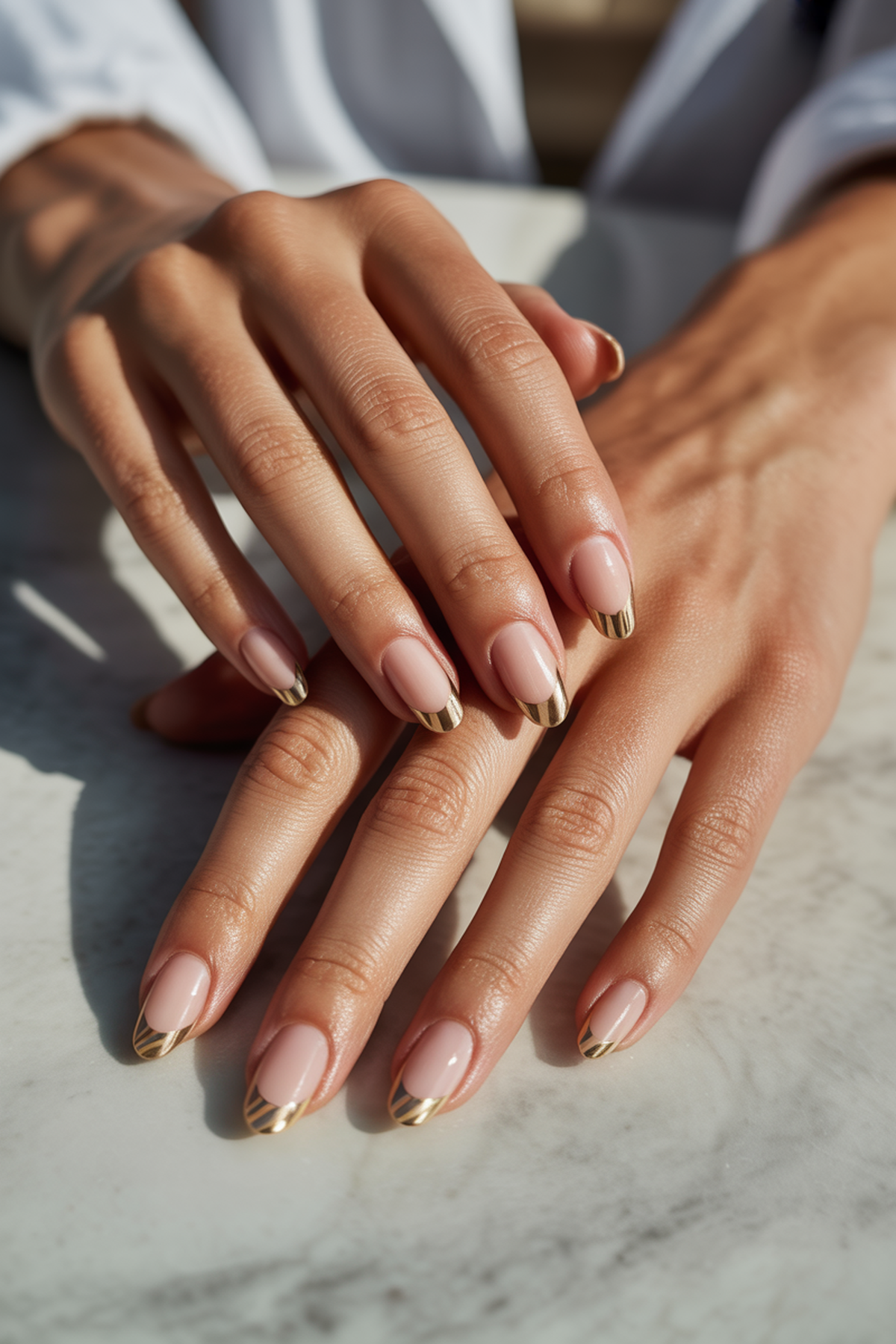 French Manicure With Twisted Gold Leaf Tips