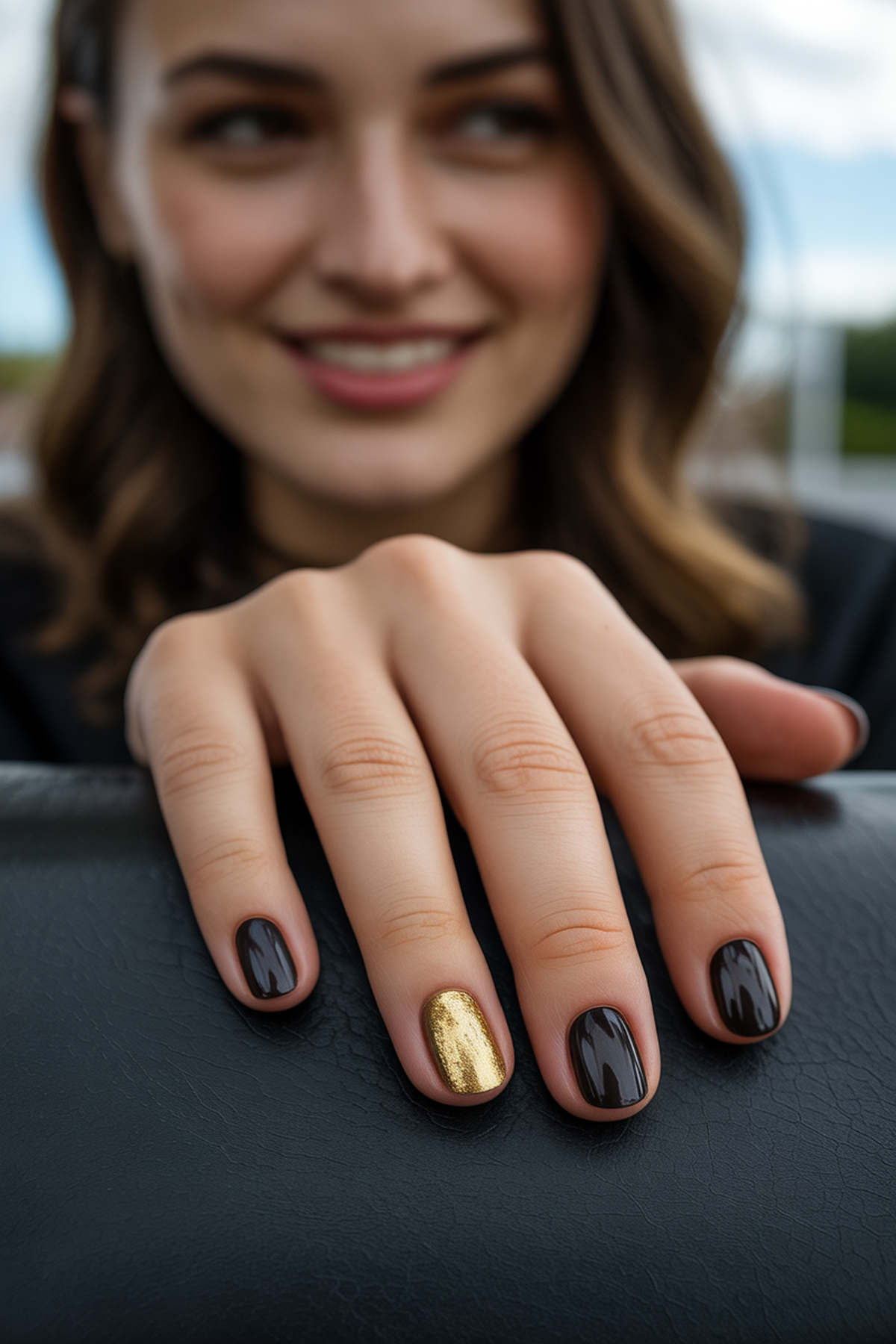 Full Gold Leaf Accent Nail With Matte Black Base