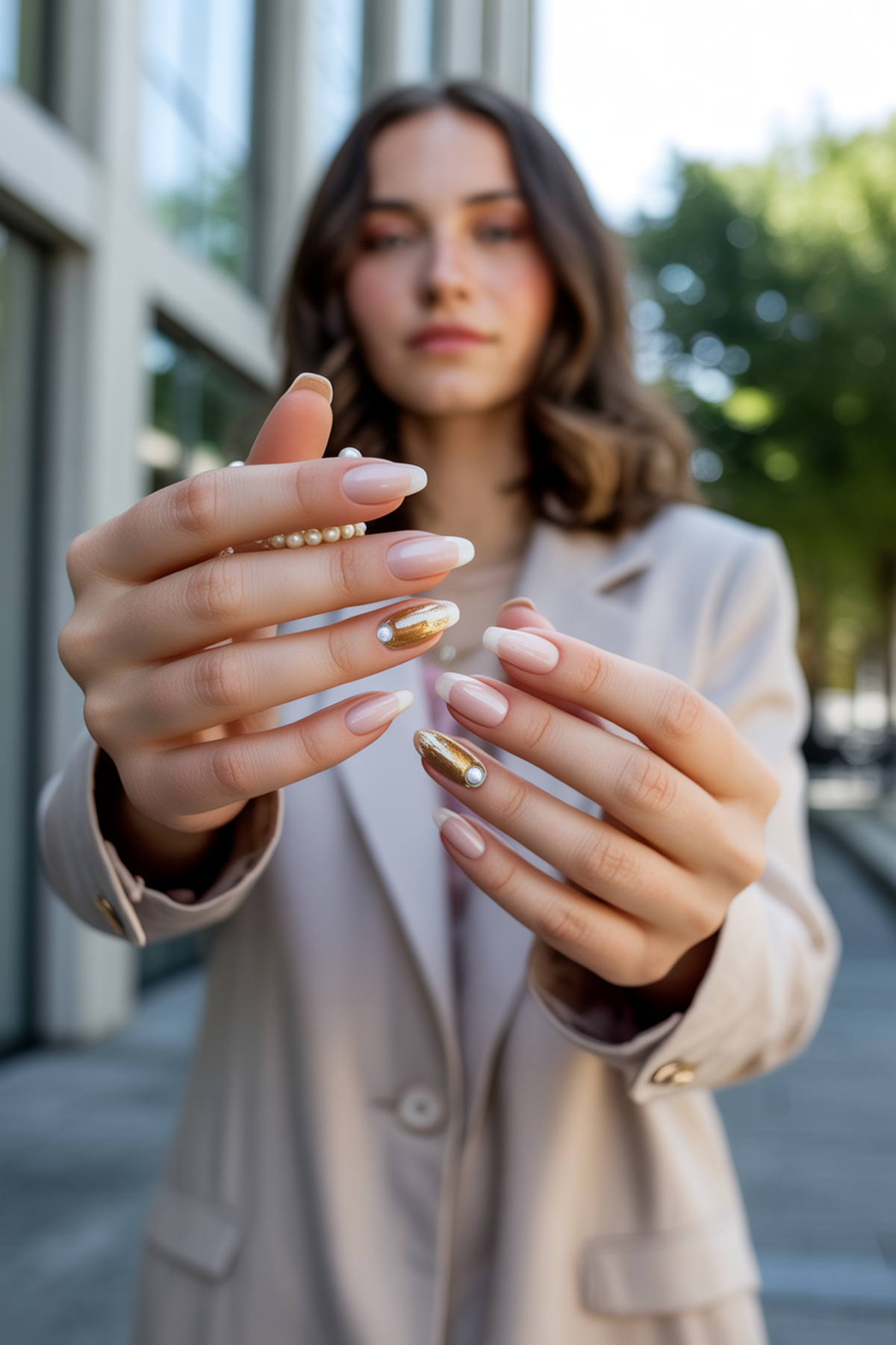 Ivory Nails With Gold Leaf Foil and Pearl Embellishments