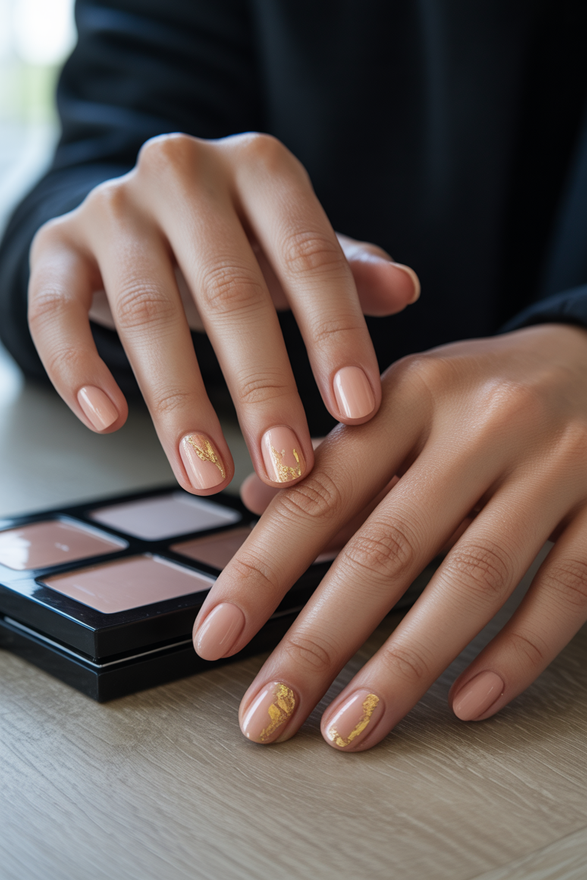 Peachy Nude Nails With Irregular Gold Leaf Flakes