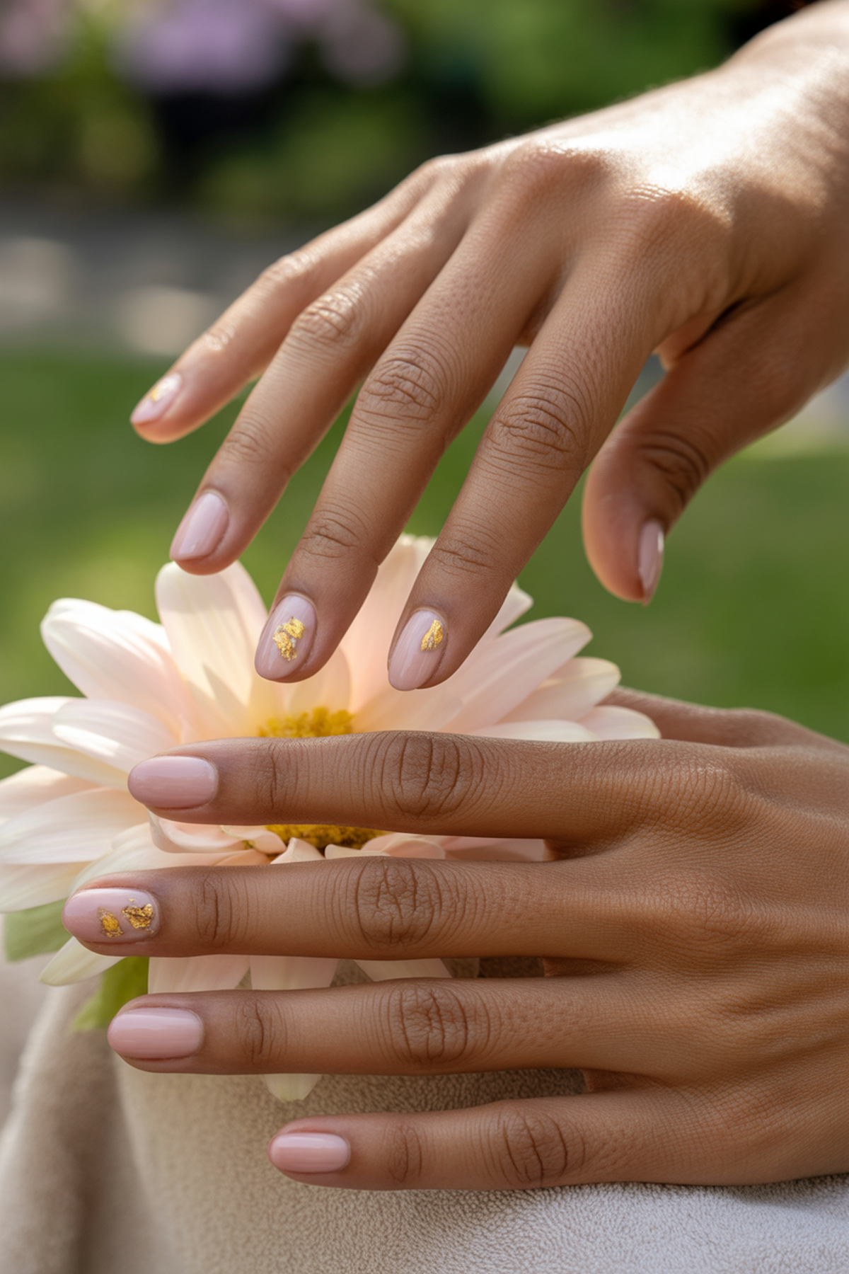 Soft Pink Nails With Scattered Gold Leaf Flakes