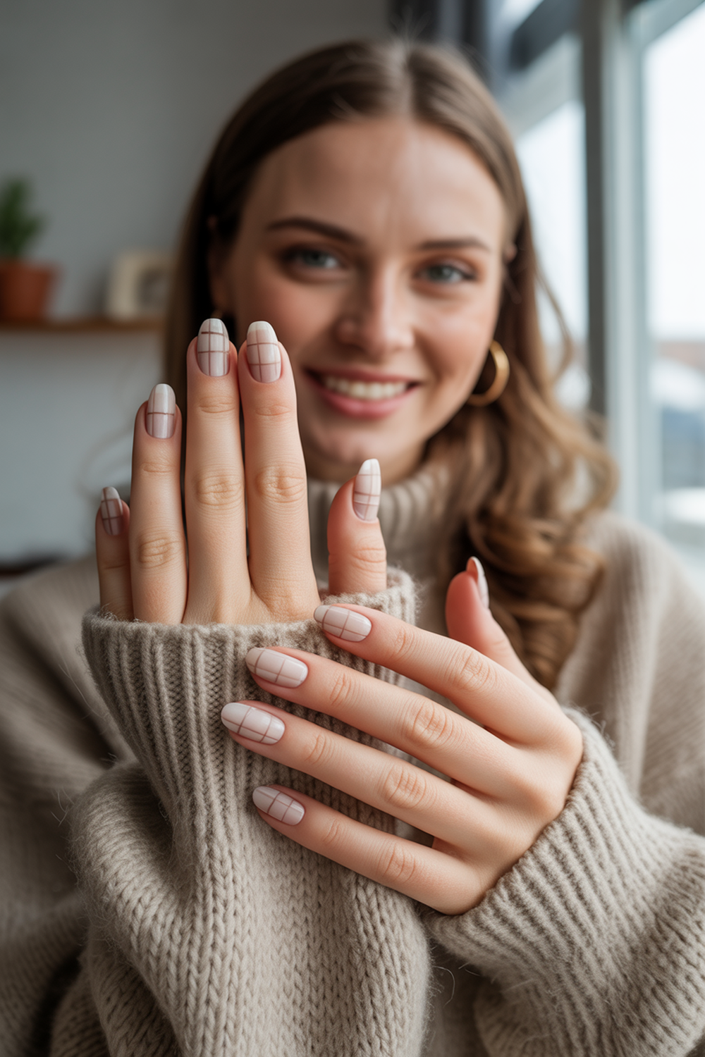 Cream and Taupe Plaid for Elegant Neutral Nails