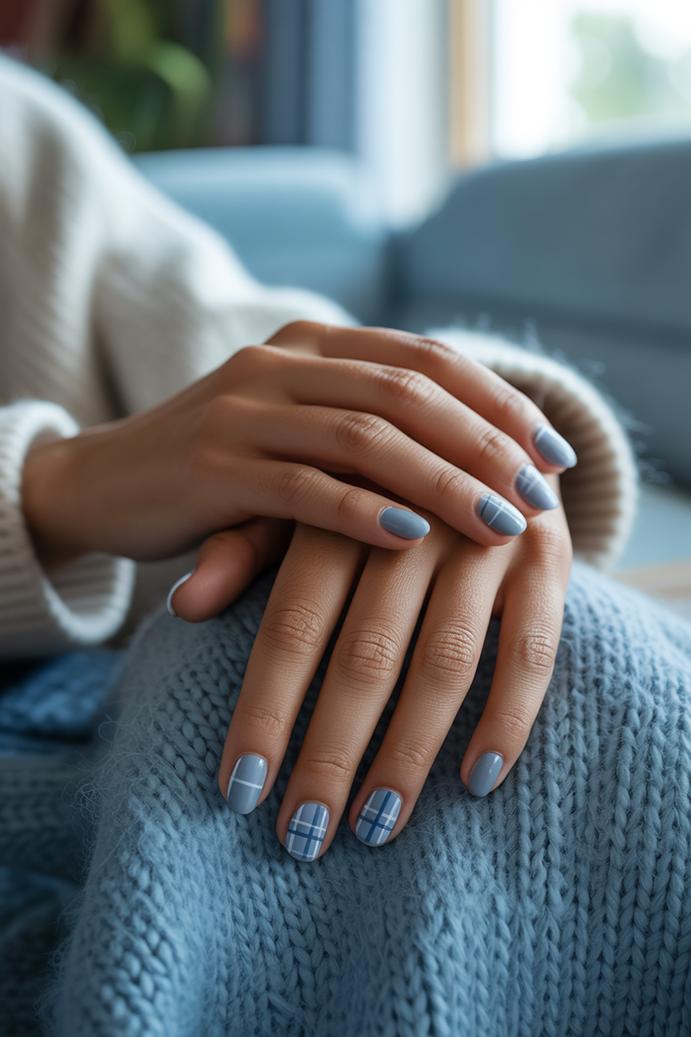 Soft Blue and Grey Plaid for Cool Calm Nails