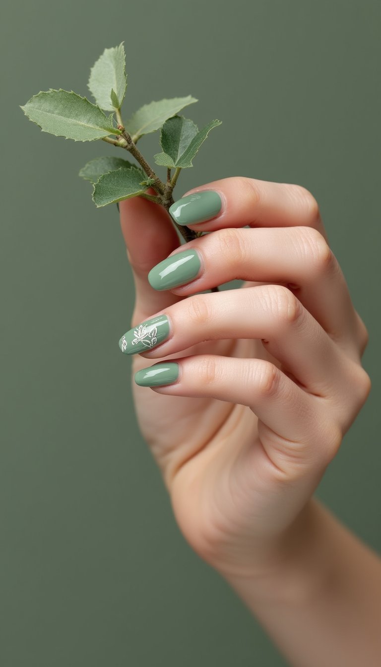 Sage Green Leaf Motif On Natural Ovals