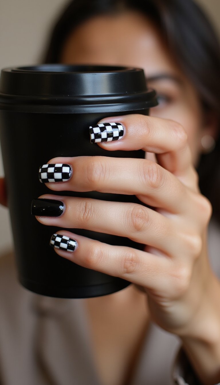 Classic Black And White Checkerboard Nails