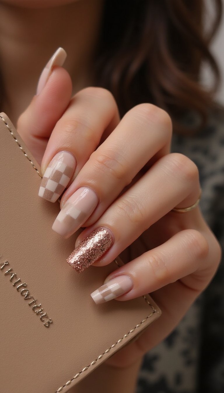 Glitter Accent Checkerboard Nail Design
