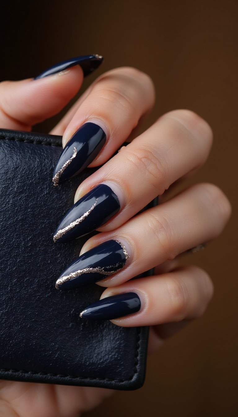Metallic Silver Outline On Long Stiletto Tips