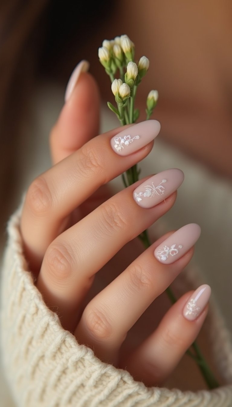 Tiny Floral Outline Accents On Oval Nails