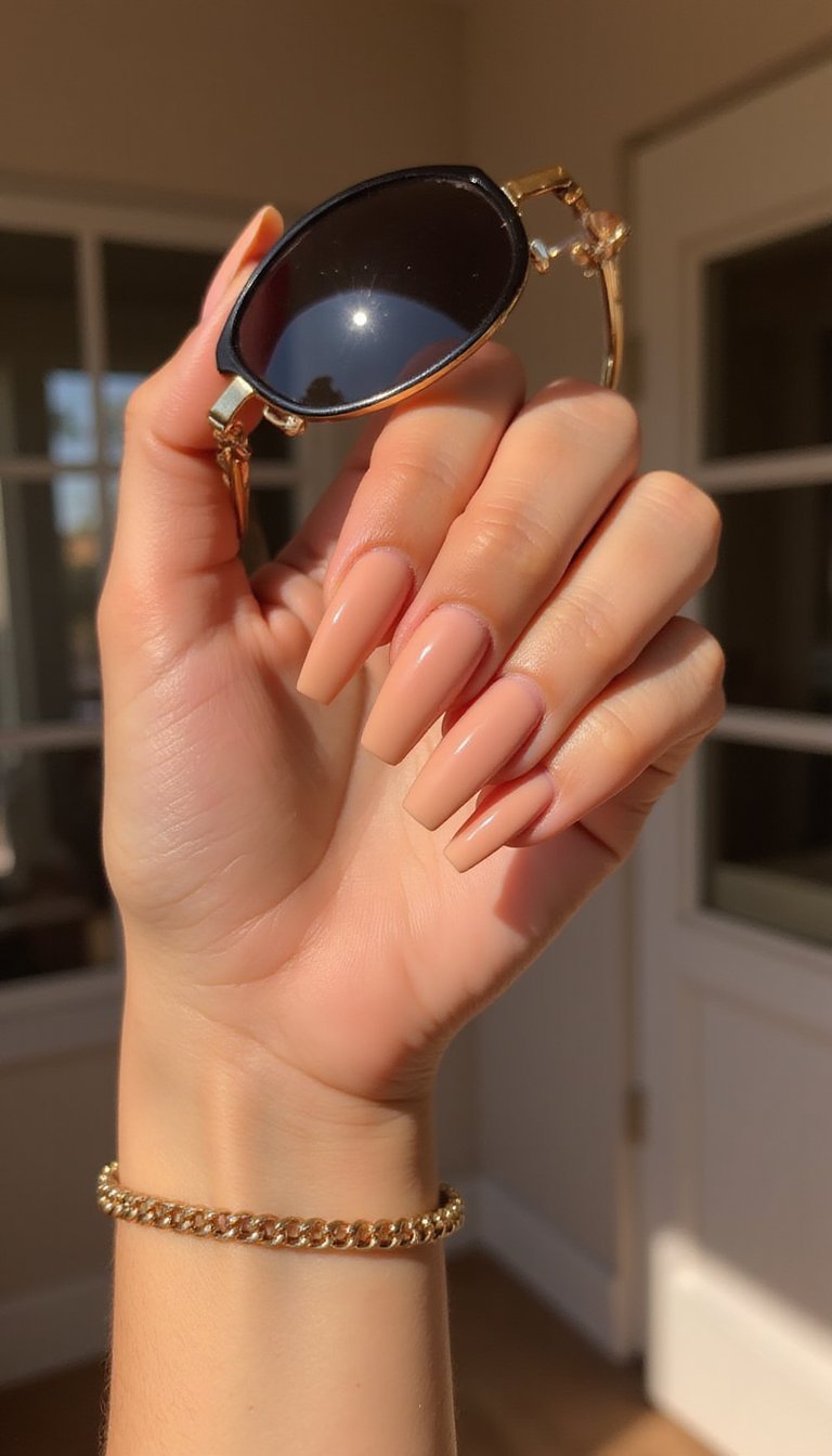 Peachy Nude Coffin Nails With Shine