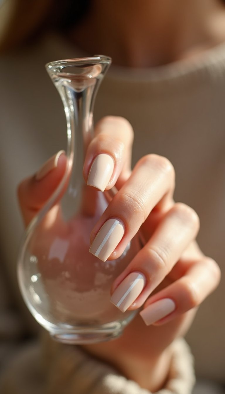 Matte Nude Almond Nails With Glossy Accent Stripe
