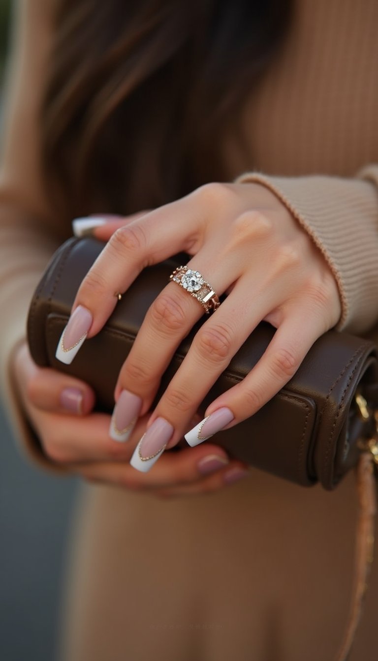 Matte Nude Coffin Nails With Thin Metallic Tips