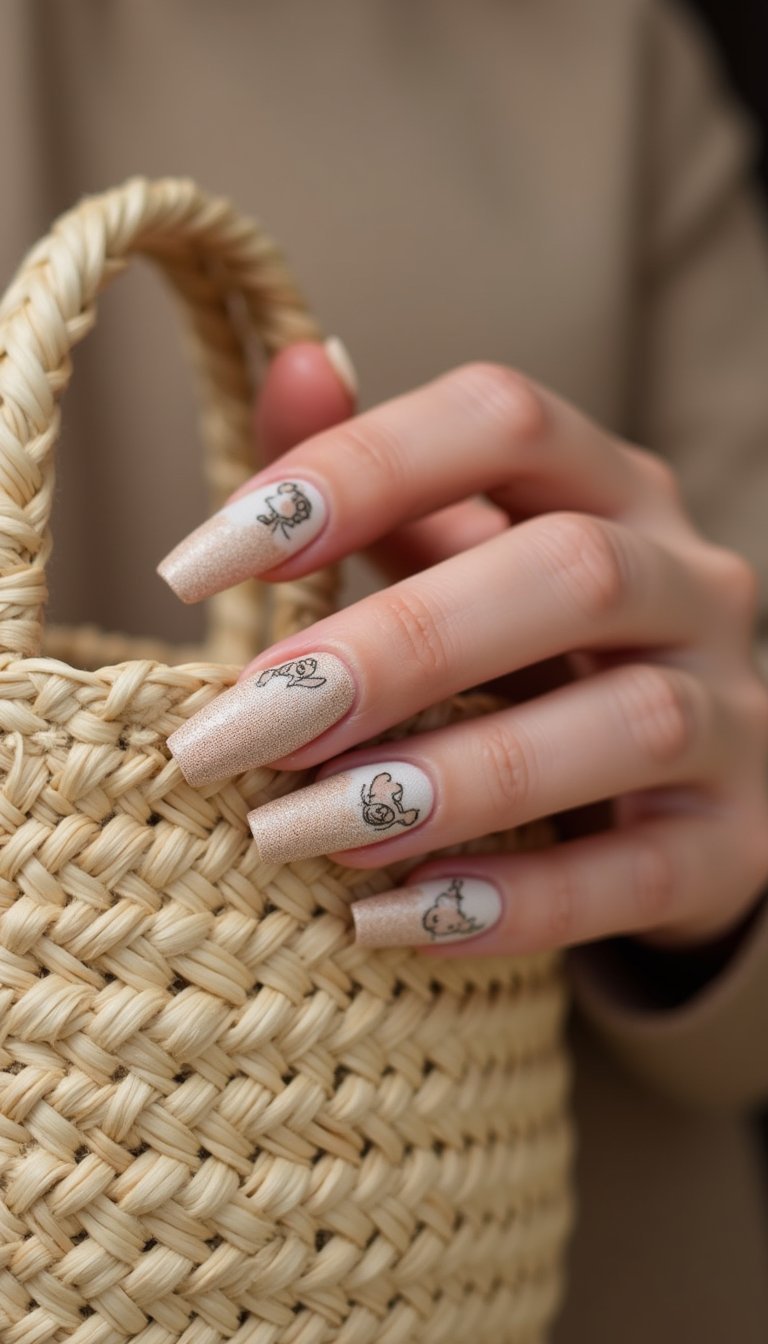 Vintage Linen Bunny Print On Coffin Nails