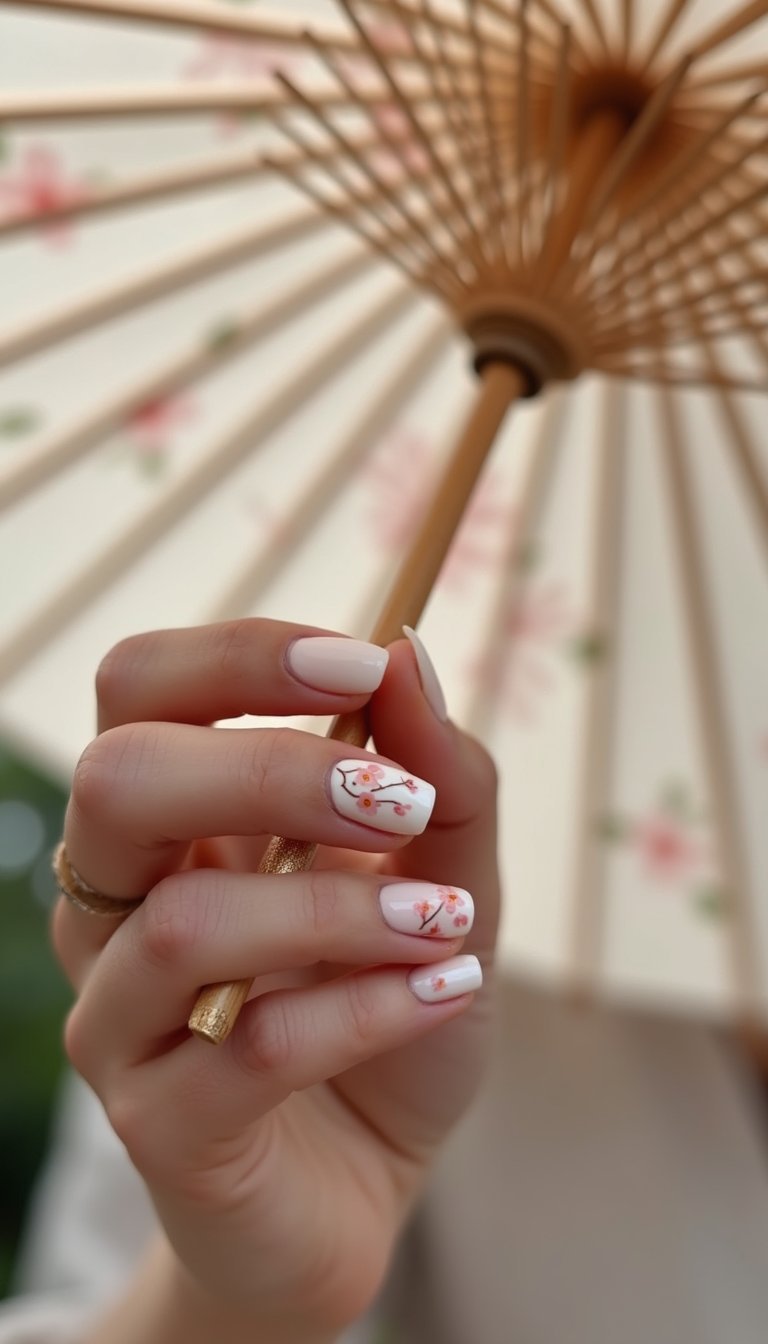 Cherry Blossom Branches On Soft Ivory Nails
