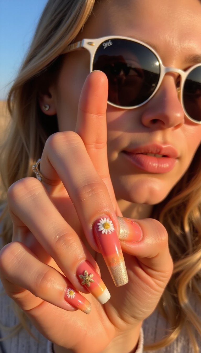 Sunset Gradient With Golden Daisy Accents