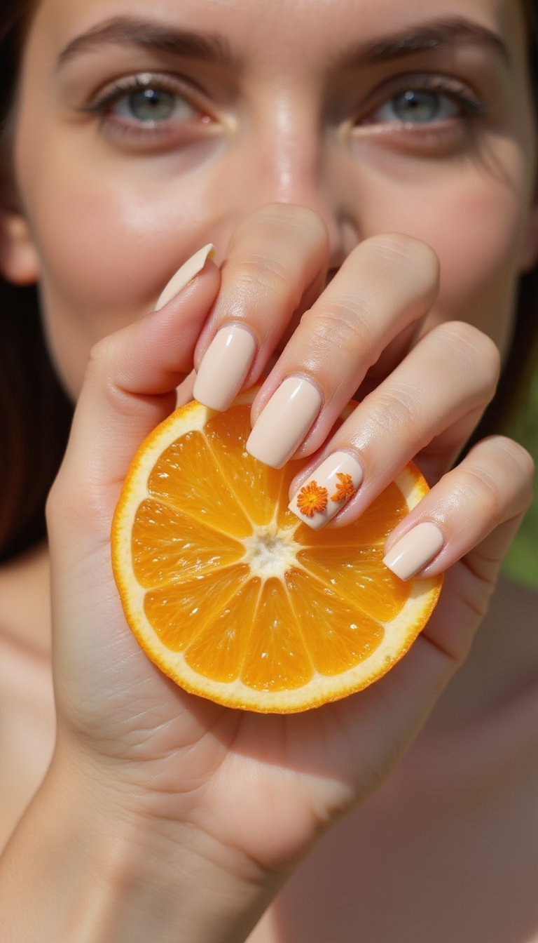 Tiny Orange Blossoms On Creamy Almond Nails