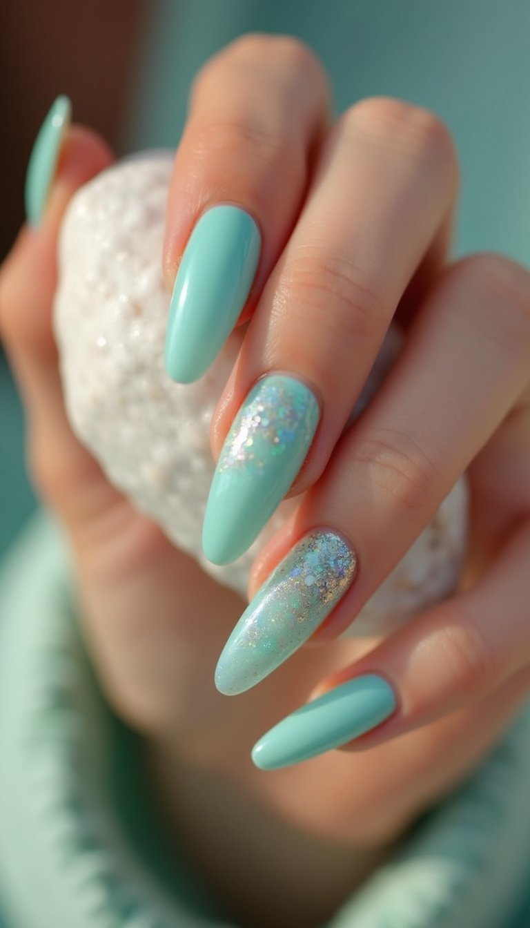 Sea Glass Opal Ombre On Long Coffin Nails