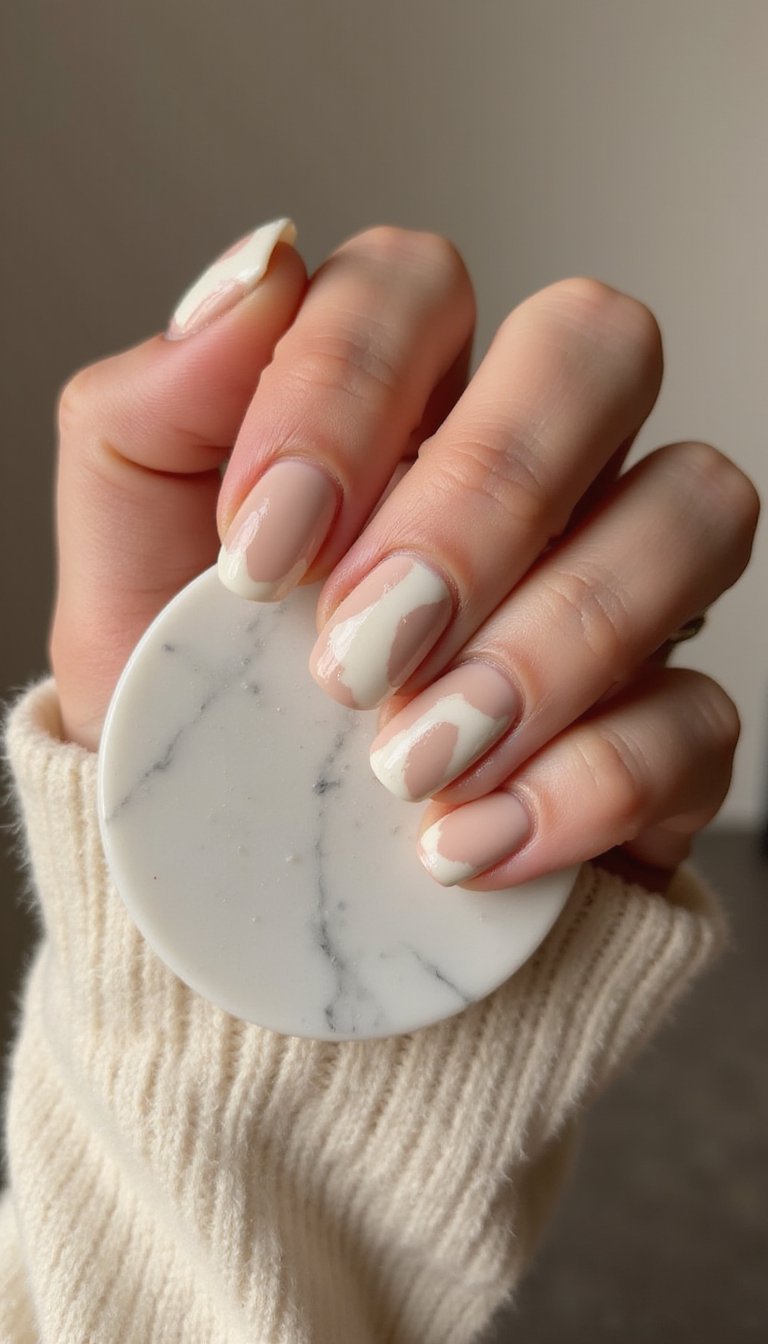 Champagne Marble Pearl Chrome Accent Nails