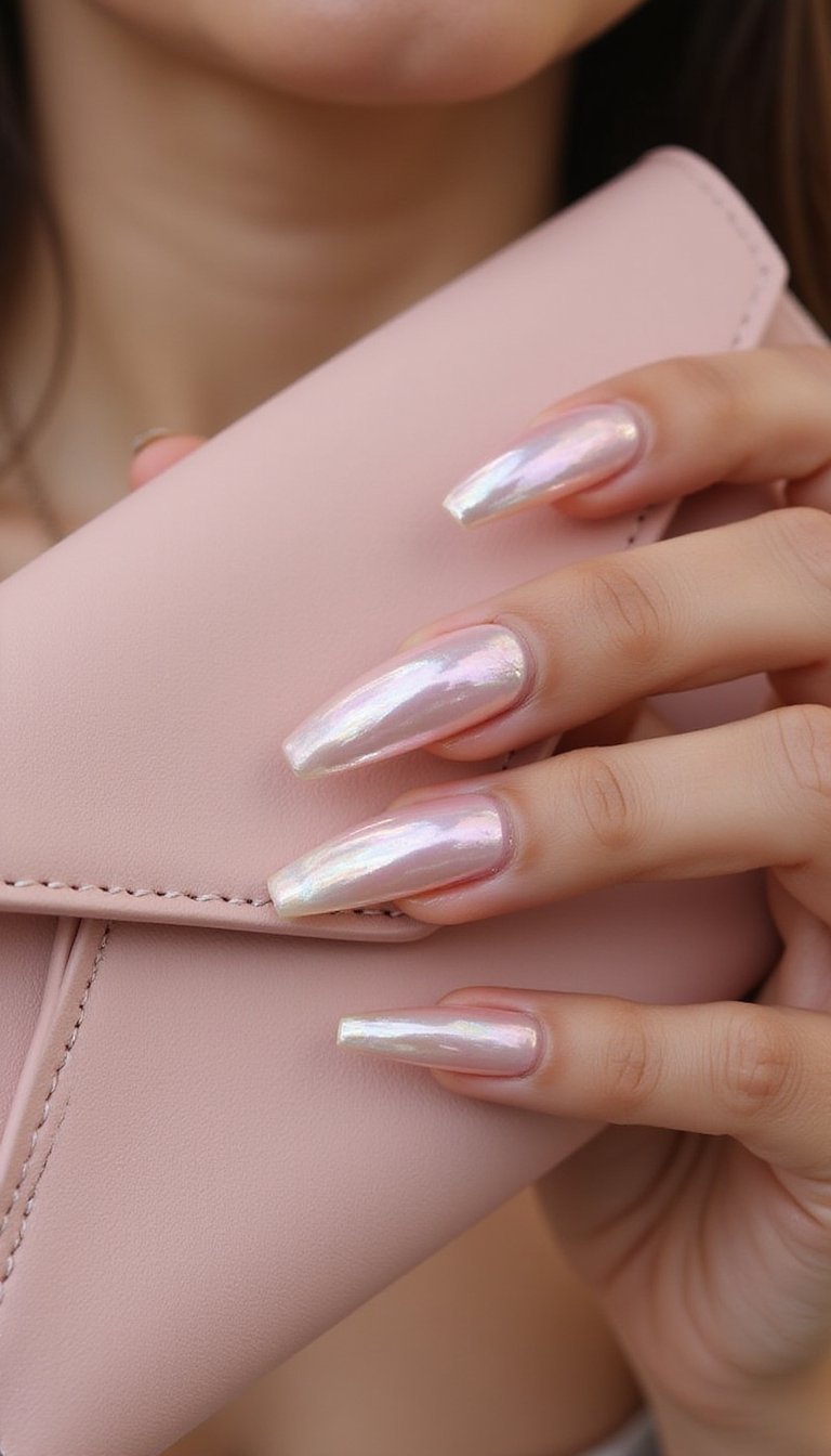 Iridescent Pink Pearl Chrome Coffin Nails