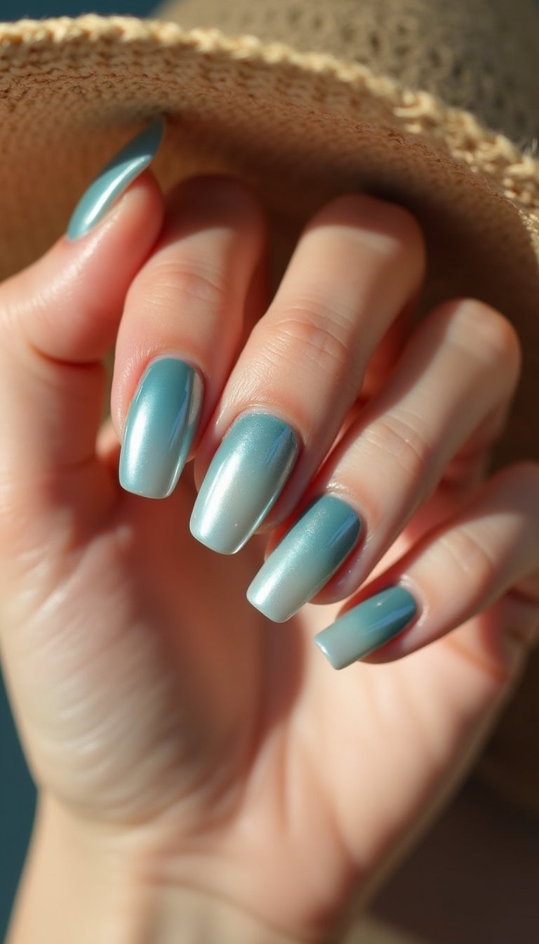 Ocean Aura Pearl Chrome Ombre Nails