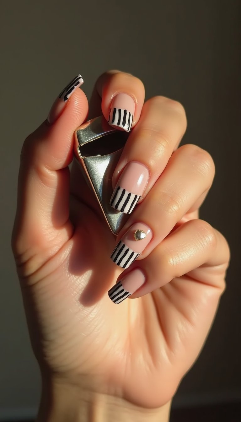 Referee Stripe Black And White Nails