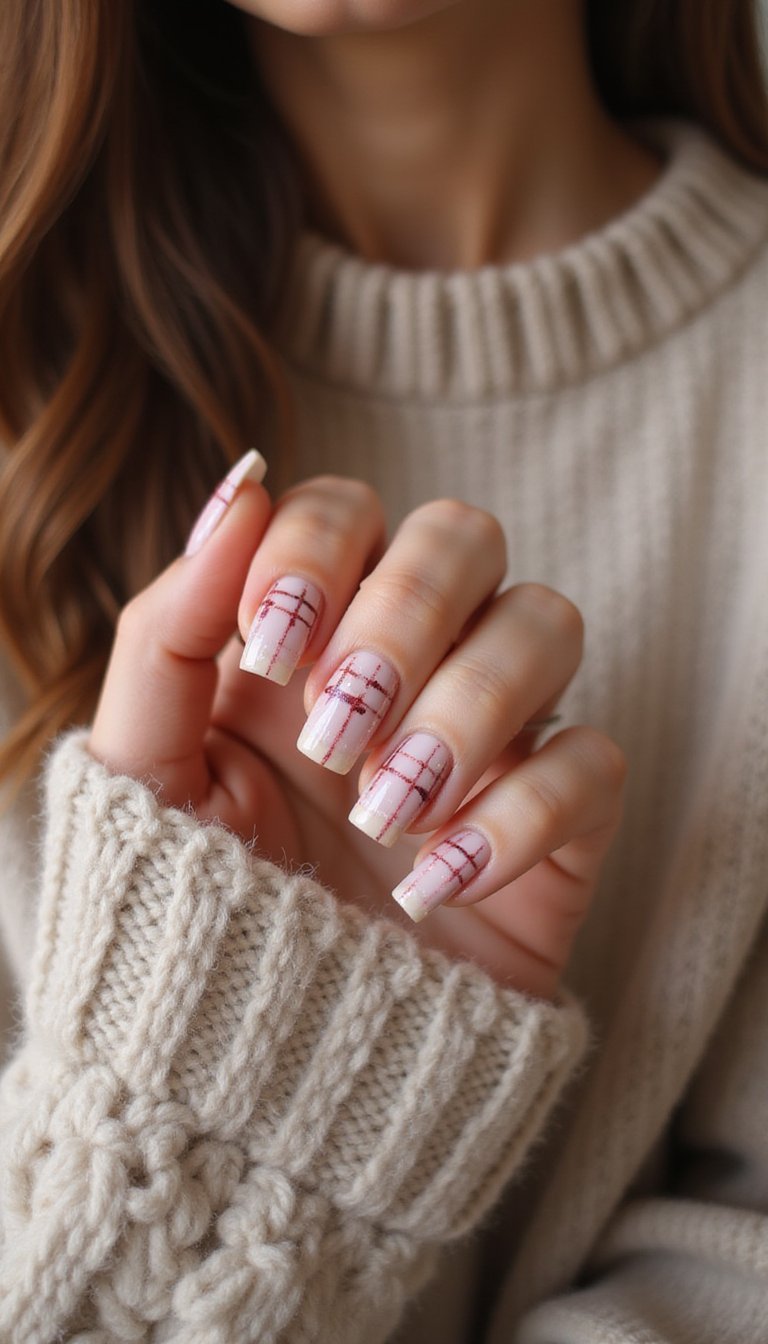 Cozy Pink Plaid Nails For Chic Autumn Barbiecore Vibes