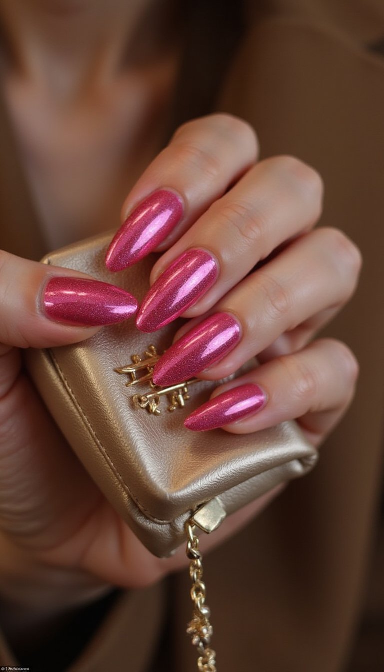 Hot Pink Chrome Stiletto Nails For Night Out Sparkle