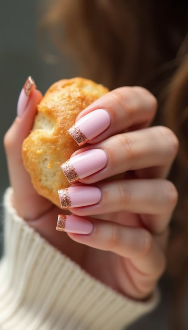 Pastel Pink French Tips With Glitter Edge On Coffin