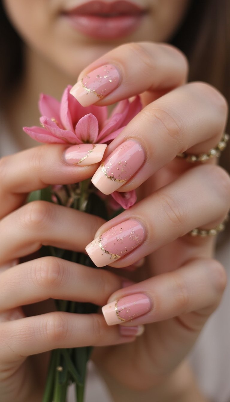 Pink Ombre With Gold Foil On Almond Nails