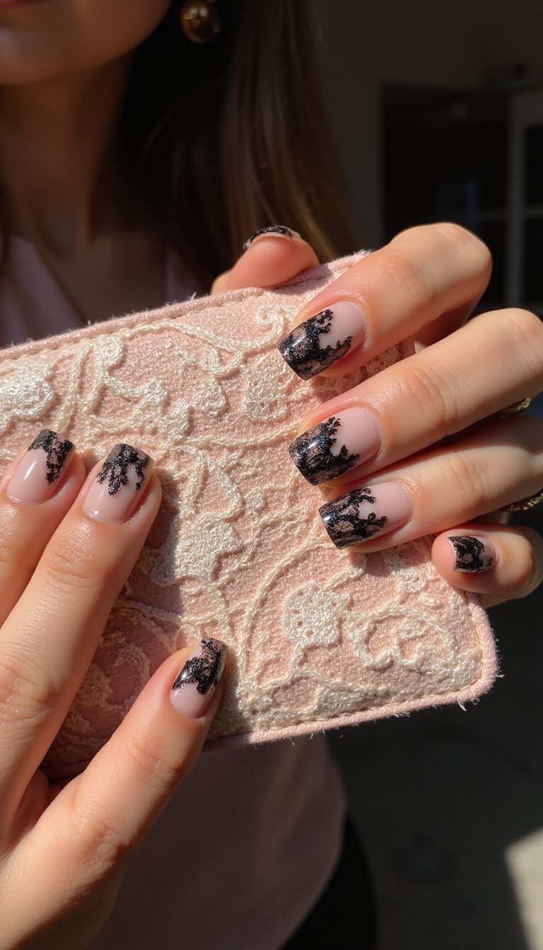 Black Lace Inspired Nail Art For Elegance
