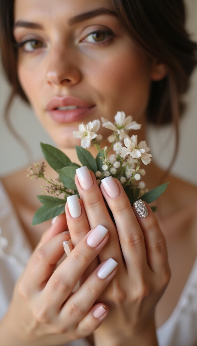 Pearl White French With Crystal Accent Nail