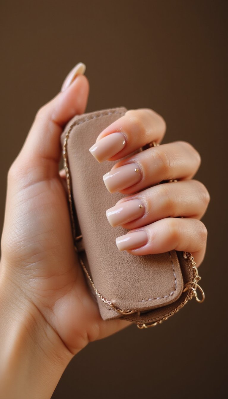 Satin Beige Square Nails With Tiny Studs
