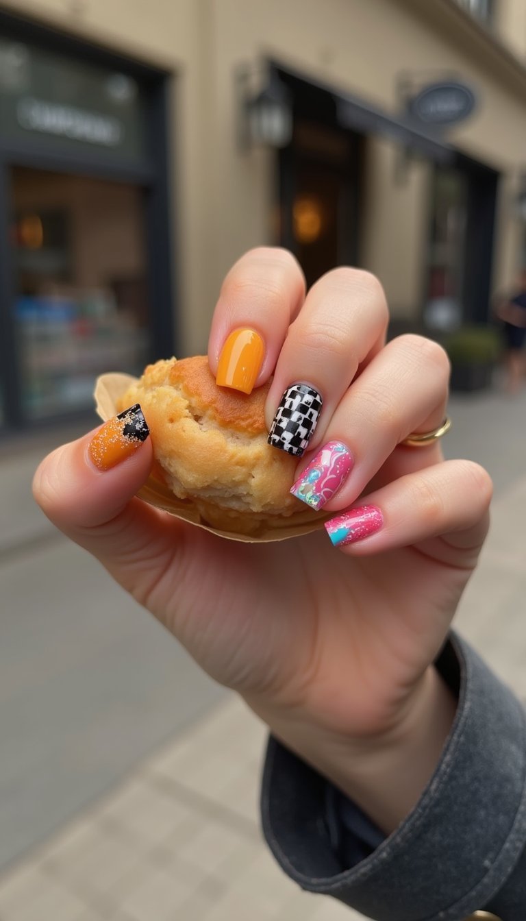 Checkerboard Accent With Bold Single Color Nails