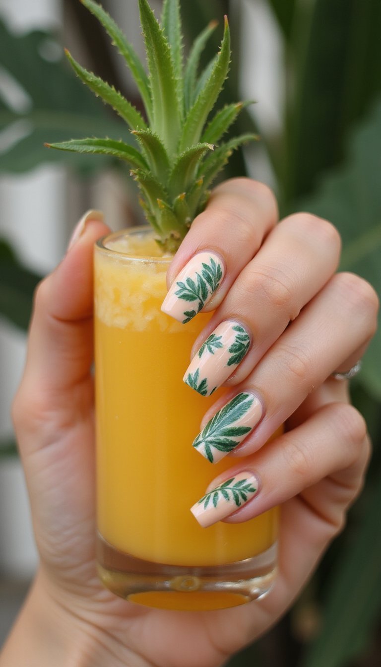 Tropical Leaf Art With Neutral Supporting Nails