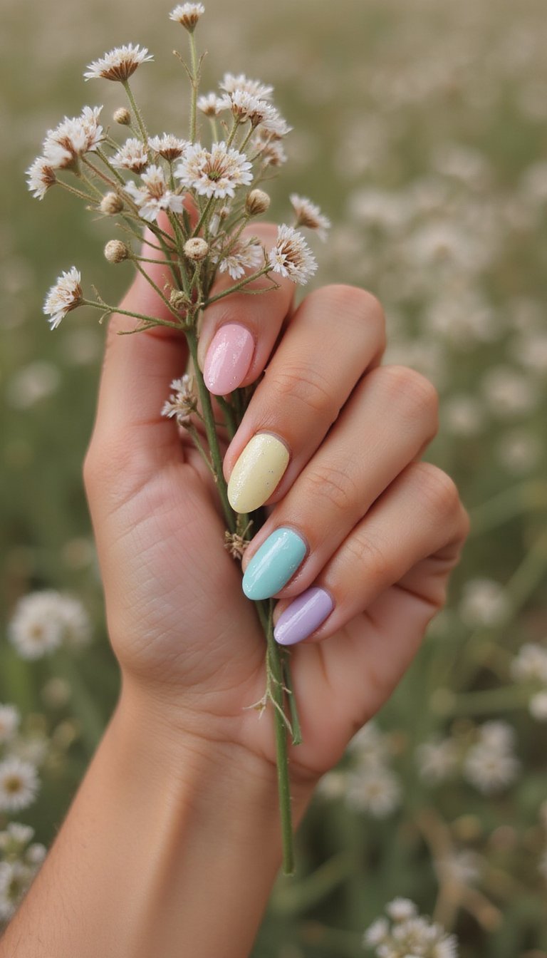 Iridescent Flakes On Pastel Skittle Nails