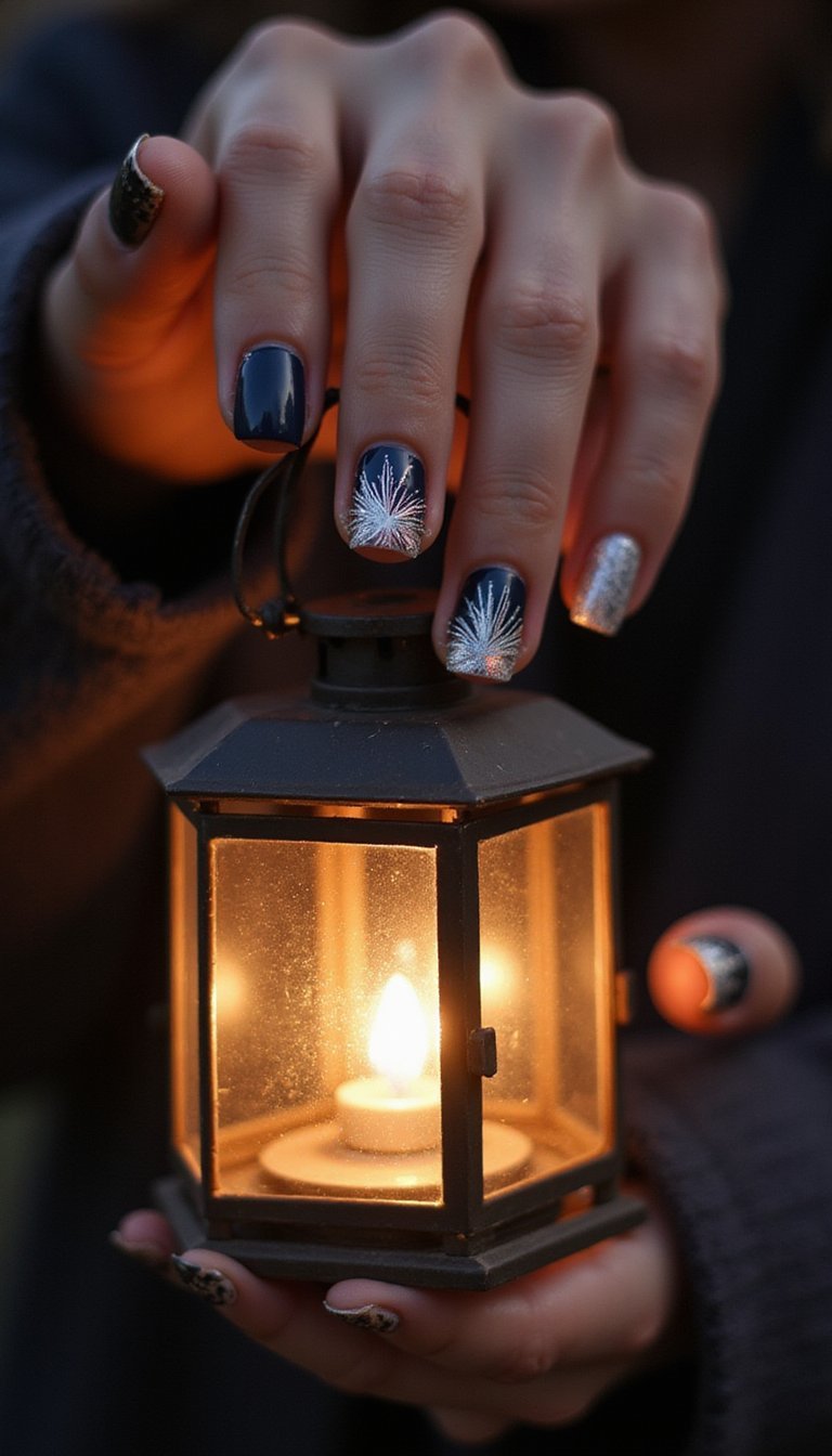 Firework Burst Accent On Navy Nails