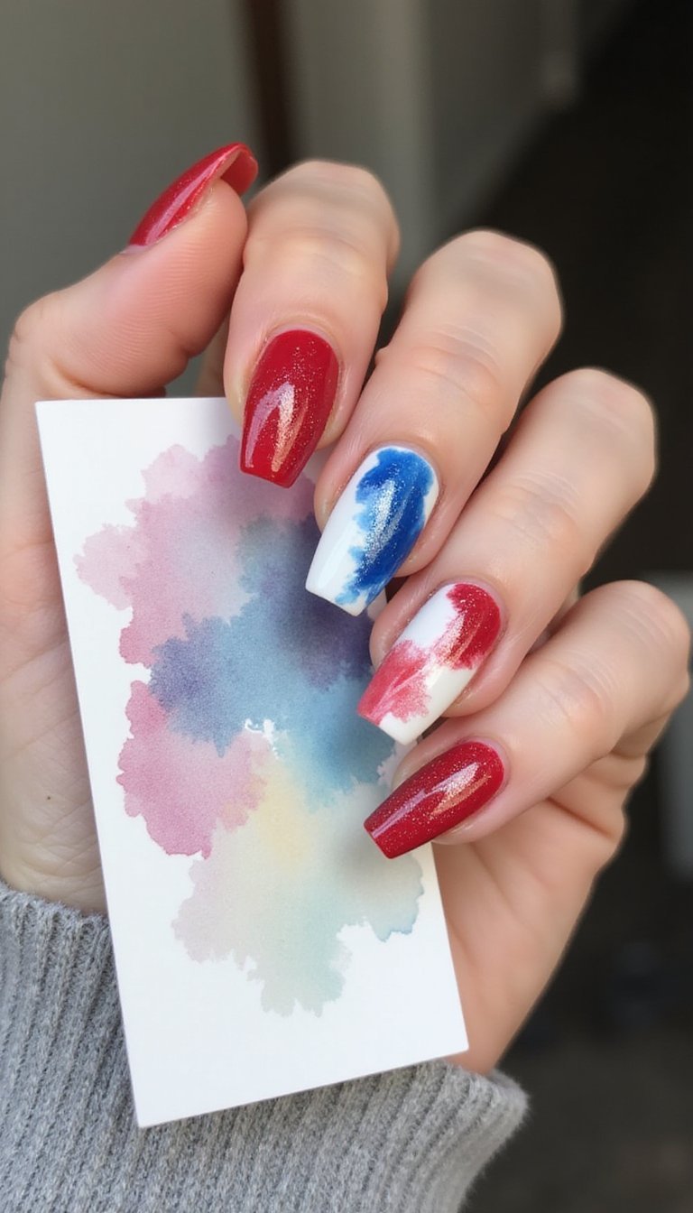 Marbled Red, Blue, And White Swirl Nails