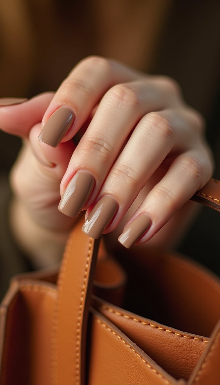 Polished Light Brown Square Nails With Gloss