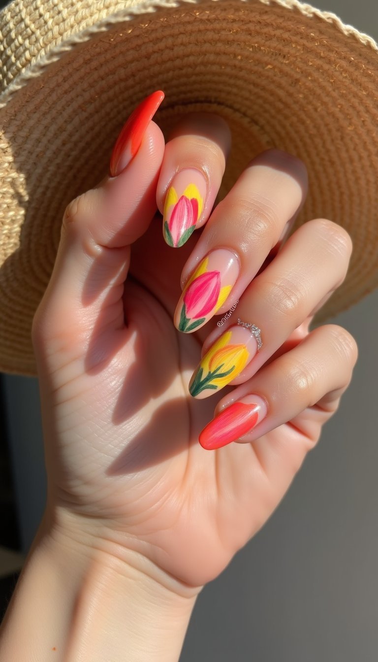 Hand-Painted Tulip Bouquet On Coffin Nails