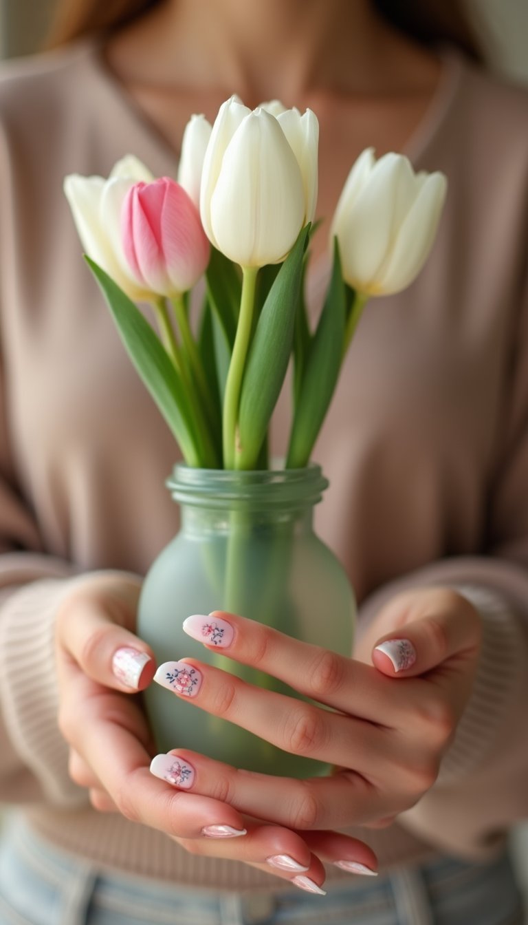 Mint Meadow Tulip Ombre On Oval Nails