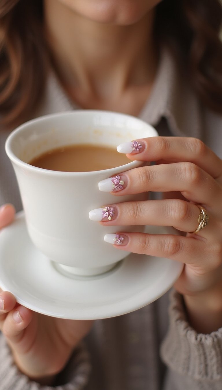 Tiny Tulip Clusters Across French Tip Nails