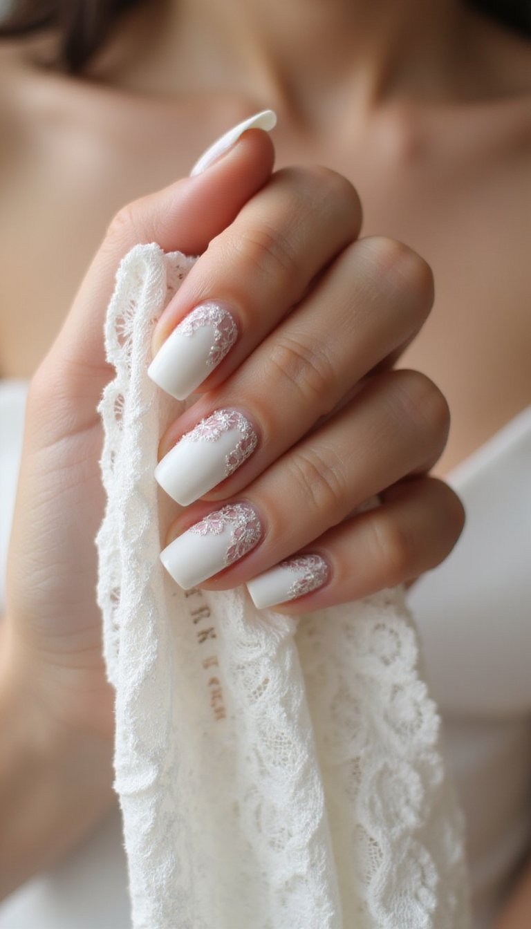Ivory Satin Finish With Lace Nail Art