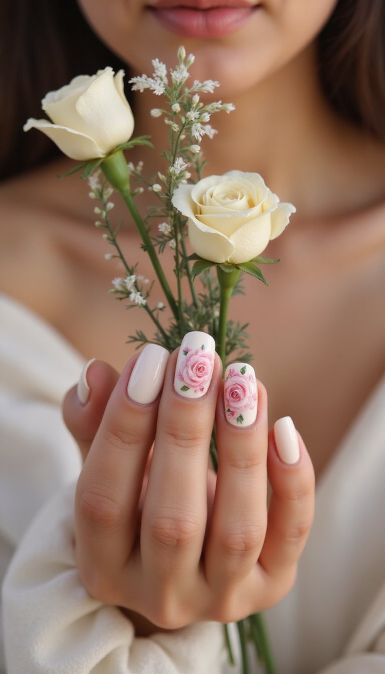 Soft Rose Watercolor Floral Nails