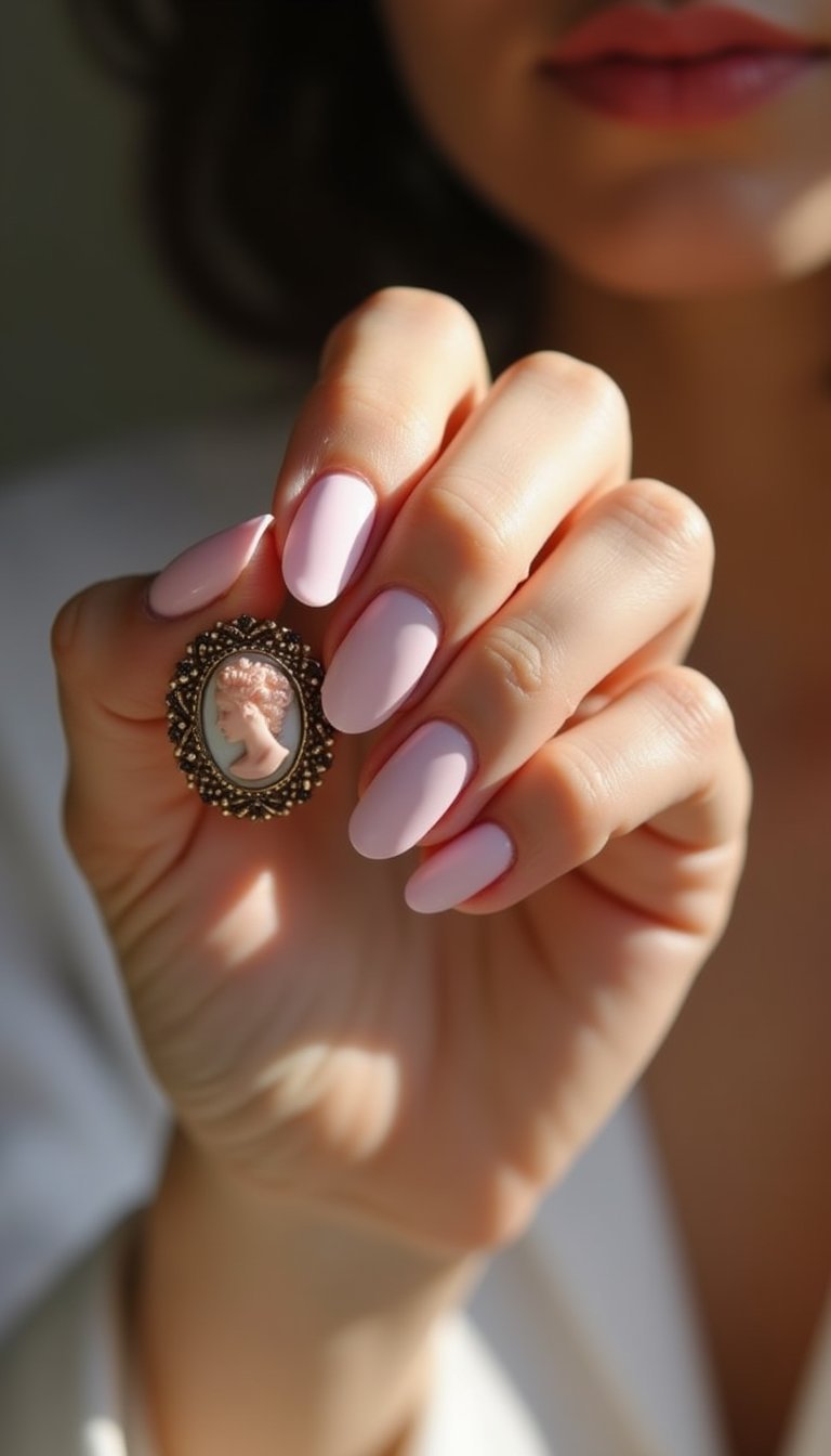 Vintage Cameo Nail Art On Subtle Pink Base