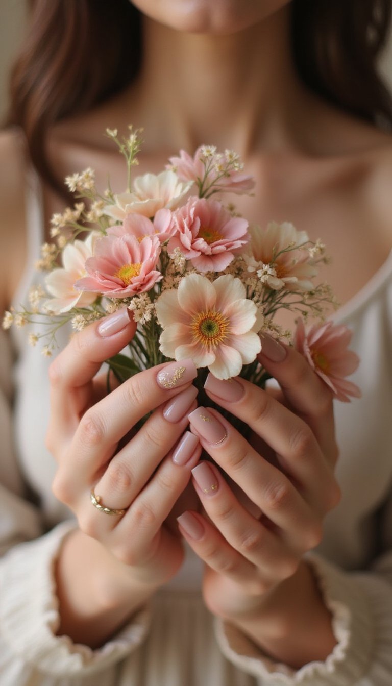 Whisper Pink Almond With Dainty Gold Leaves