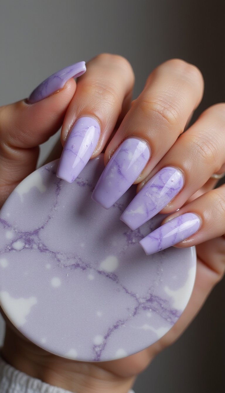 Periwinkle Marble Nails With Lavender Veins
