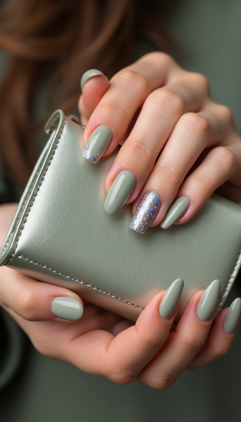 Sage Green Holographic Chrome Accent Nails