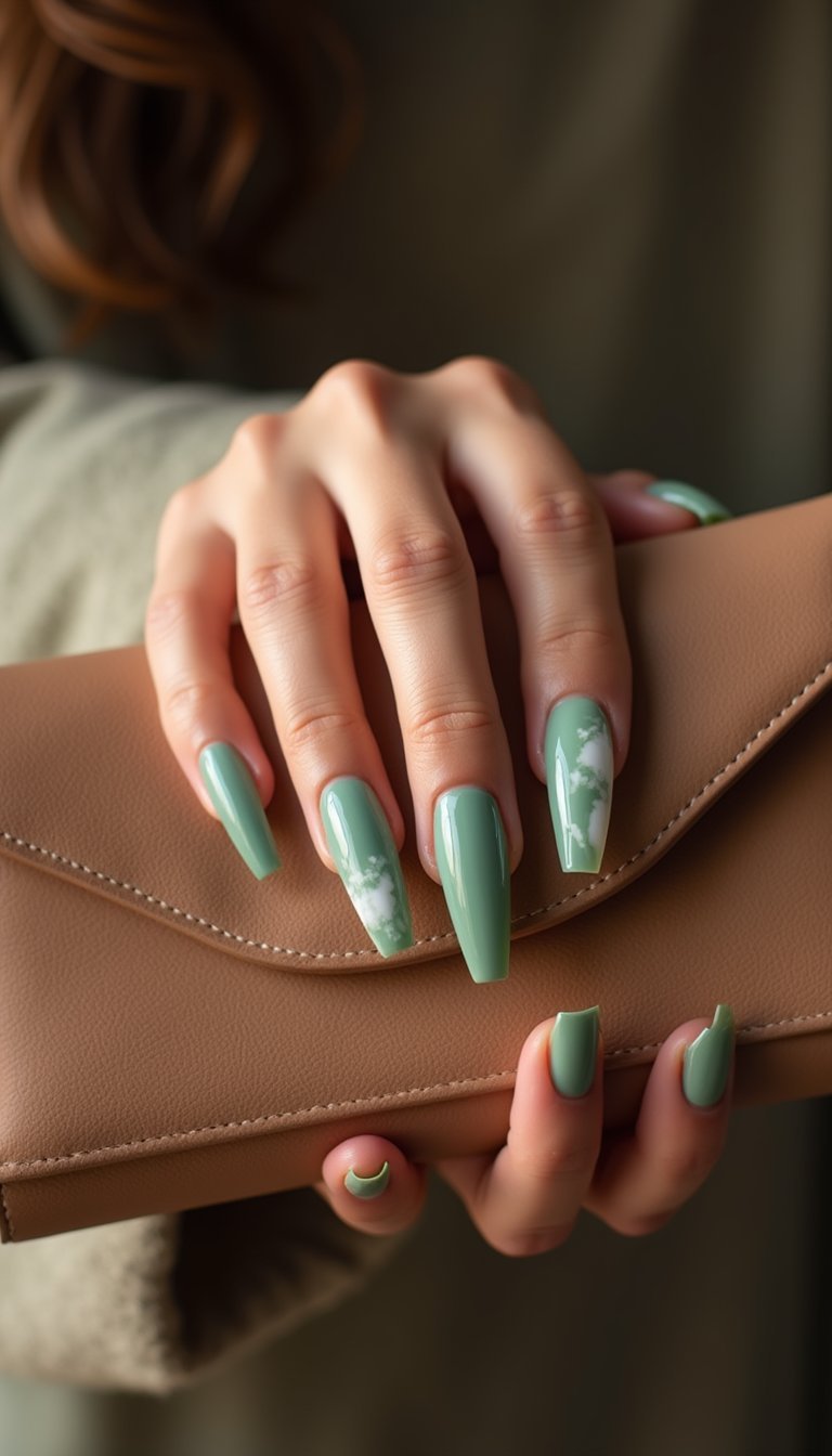 Sage Green Marble Accent On Long Coffin Nails