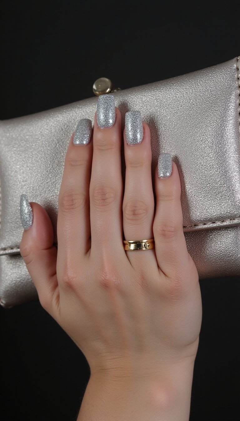 Silver Iced Sugar Chrome Accent Square Nails