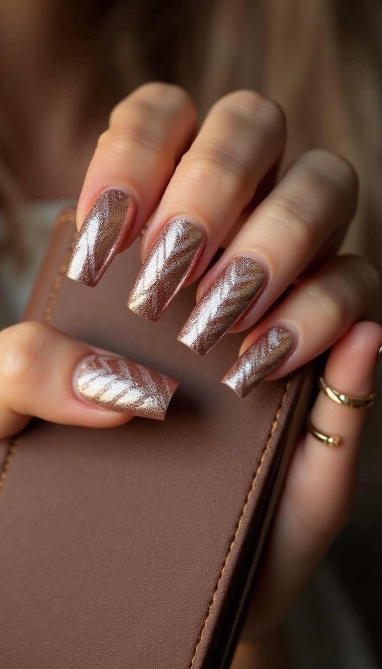 Bronze Chrome Aura With Chevron Nail Art
